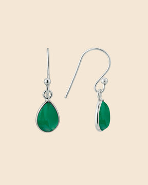 Sterling silver teardrop earrings featuring vibrant green agate gemstones on simple hook wires.