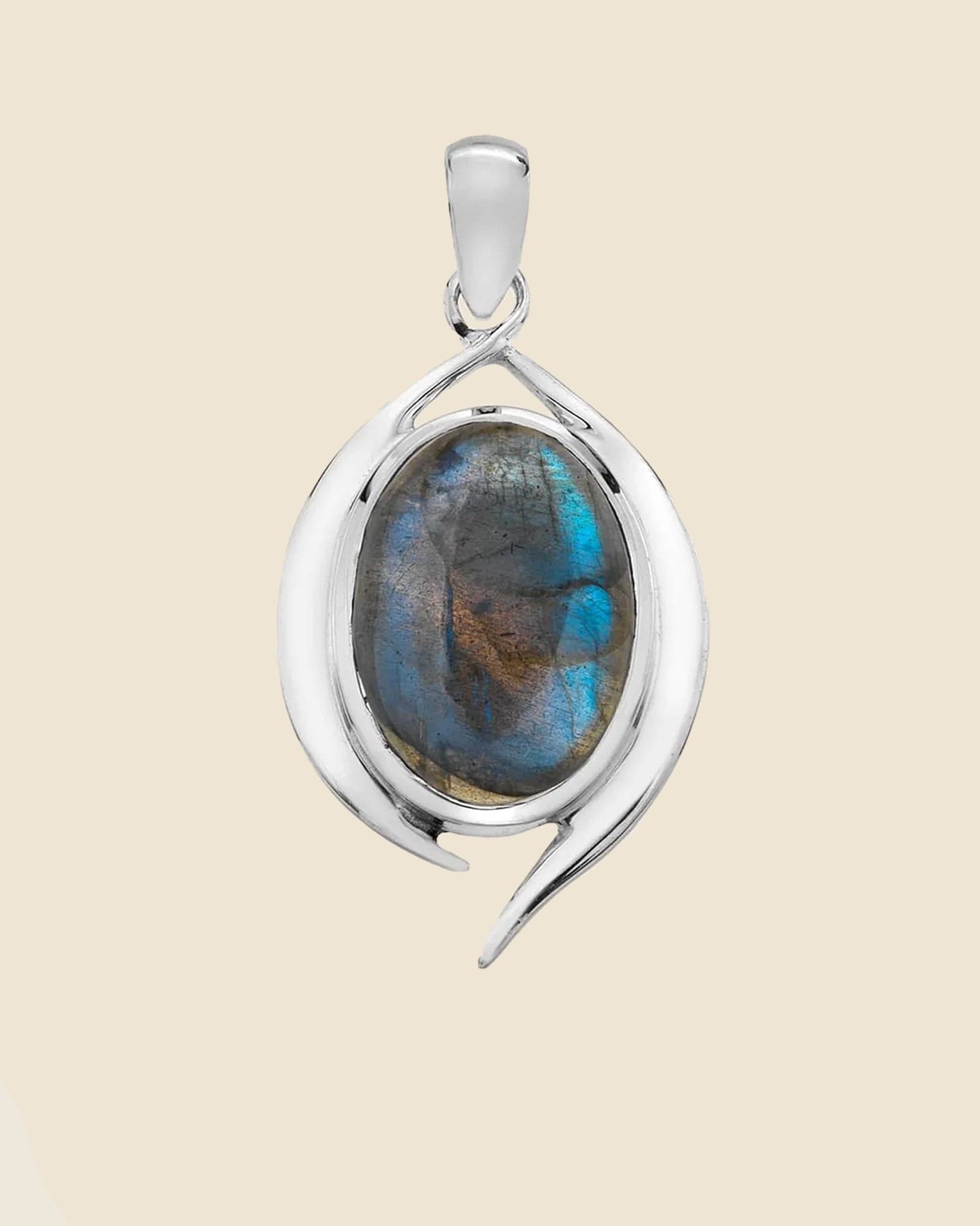 Modern Oval Sterling Silver and Polished Gemstone Pendant