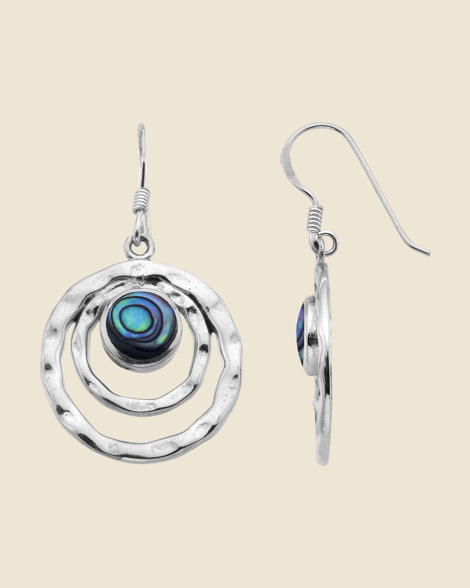 Sterling Silver and Paua Shell Hammered Ecliptic Drop Earrings