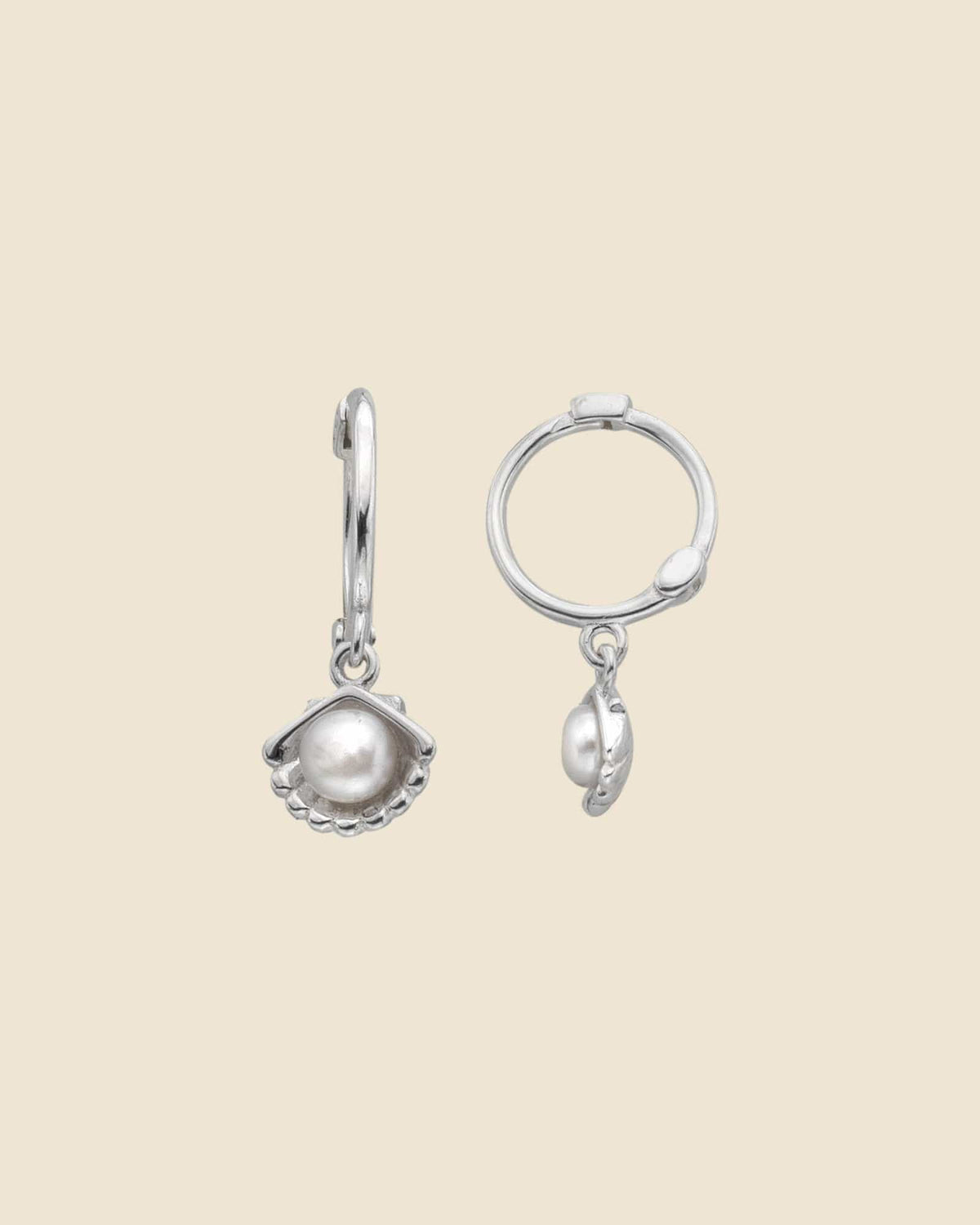 Sterling Silver and Pearl Scallop Charm Hoops