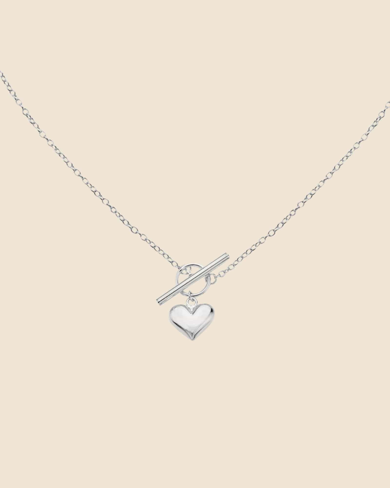 Sterling Silver Puffed Heart T-Bar Necklace