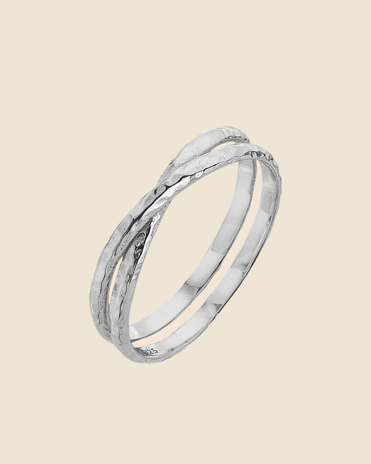 Sterling Silver Hammered Crossover Double Band Ring