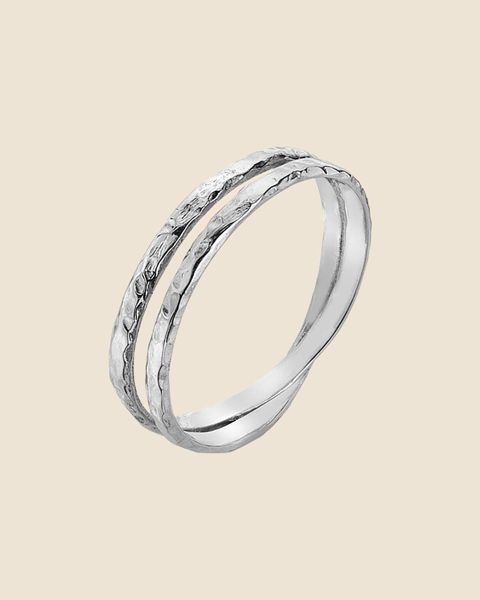 Sterling Silver Hammered Crossover Double Band Ring