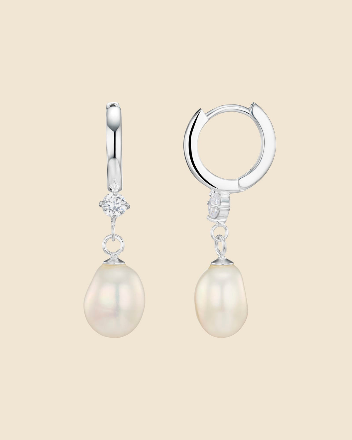 Sterling Silver, Cubic Zirconia and Pearl Hoop Earrings