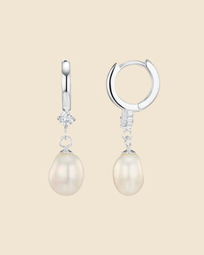 Sterling Silver, Cubic Zirconia and Pearl Hoop Earrings