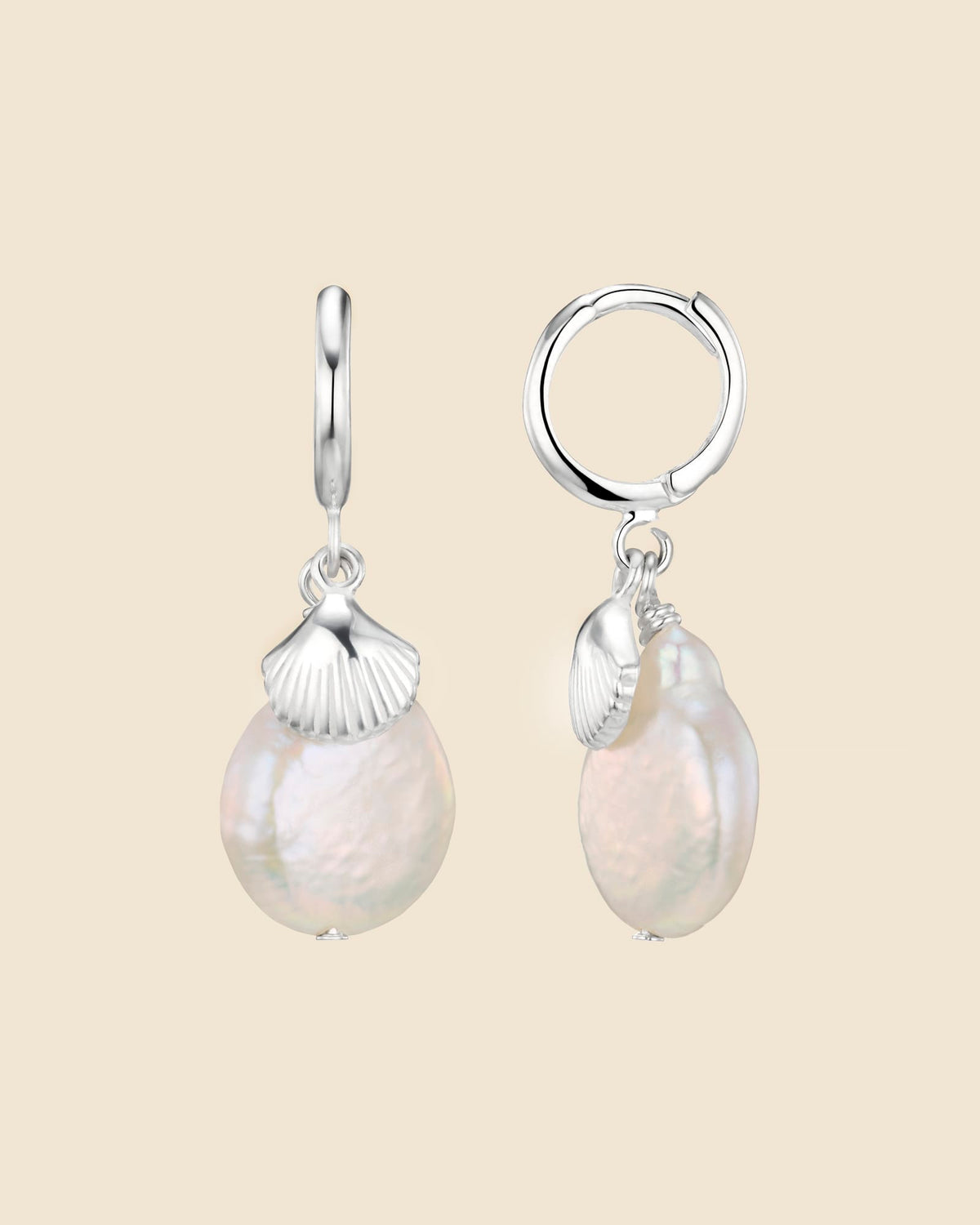 Sterling Silver and Pearl Clam Charm Huggie Hoops