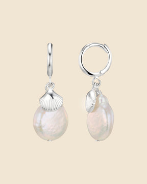 Sterling Silver and Pearl Clam Charm Huggie Hoops