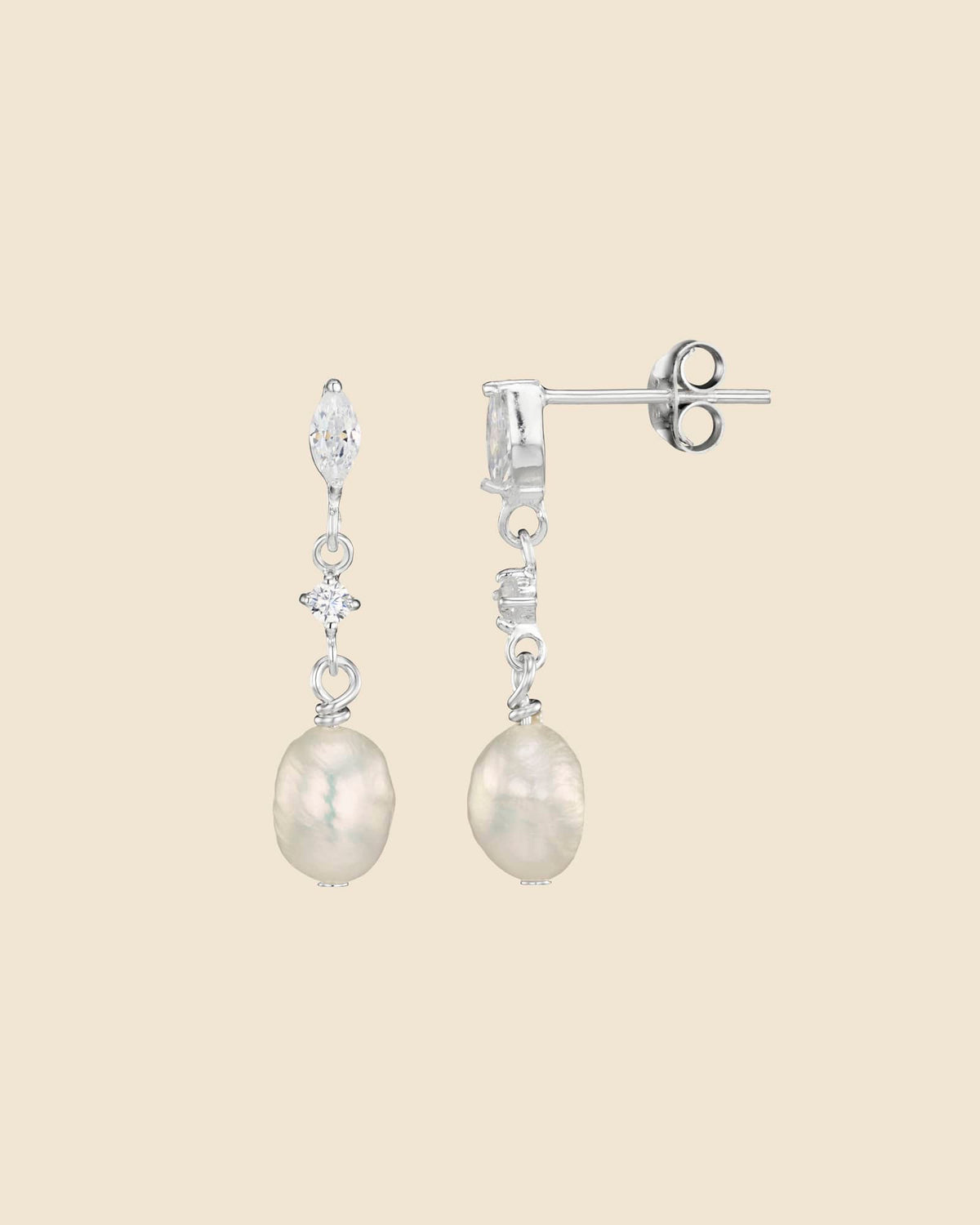 Sterling Silver, Cubic Zirconia and Pearl Elegant Drop Earrings