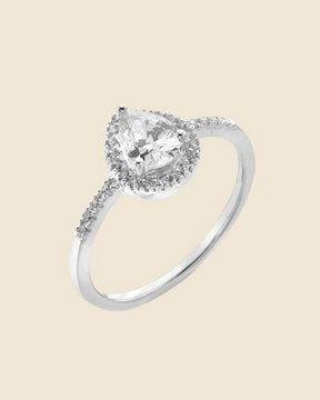 Sterling silver pear-shaped cubic zirconia halo ring with pavé set shoulders.