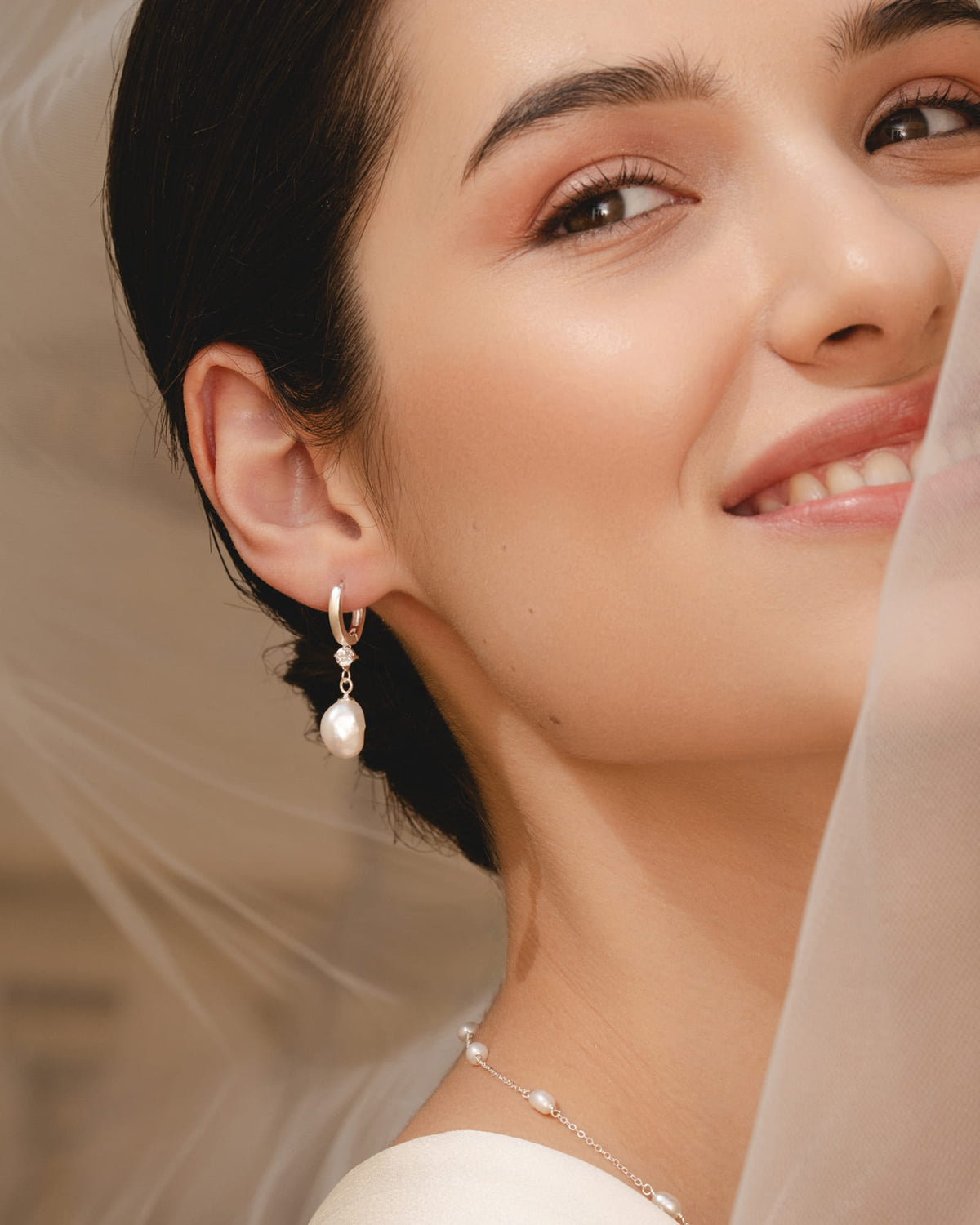 Sterling Silver, Cubic Zirconia and Pearl Hoop Earrings
