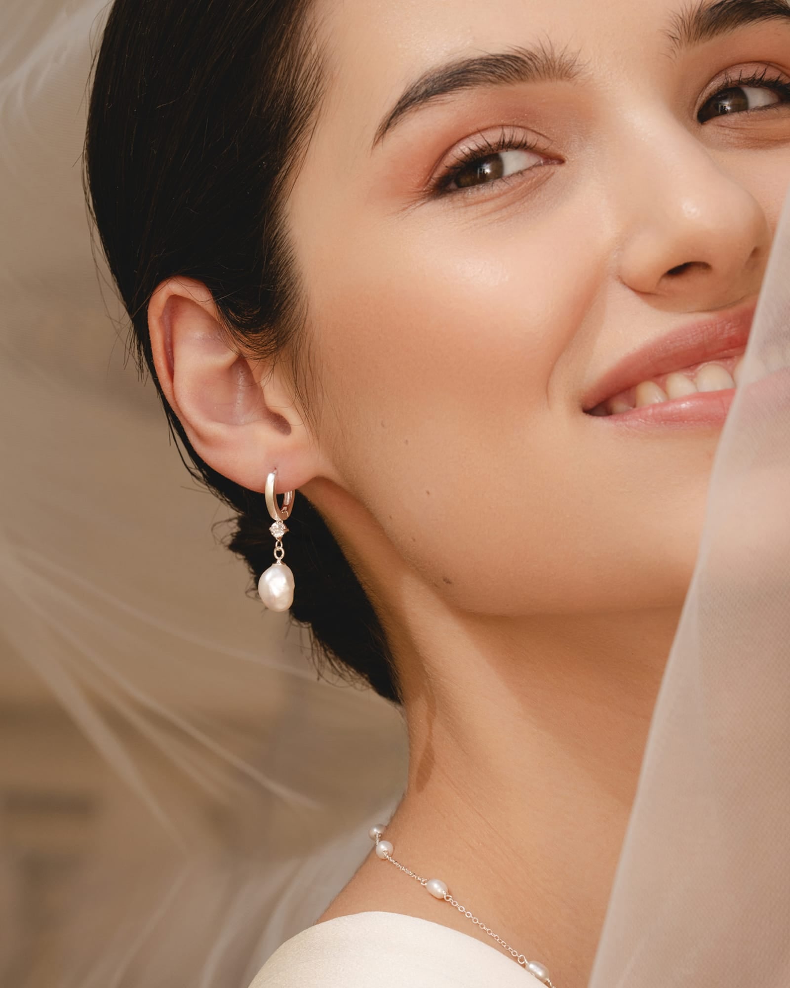 Sterling Silver, Cubic Zirconia and Pearl Hoop Earrings