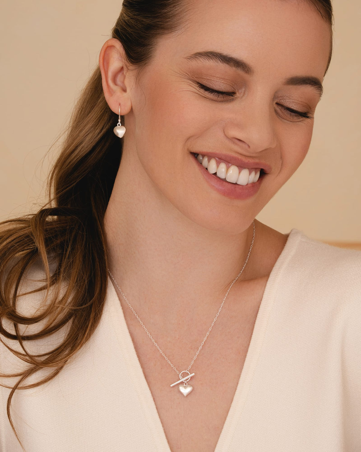 Sterling Silver Puffed Heart T-Bar Necklace
