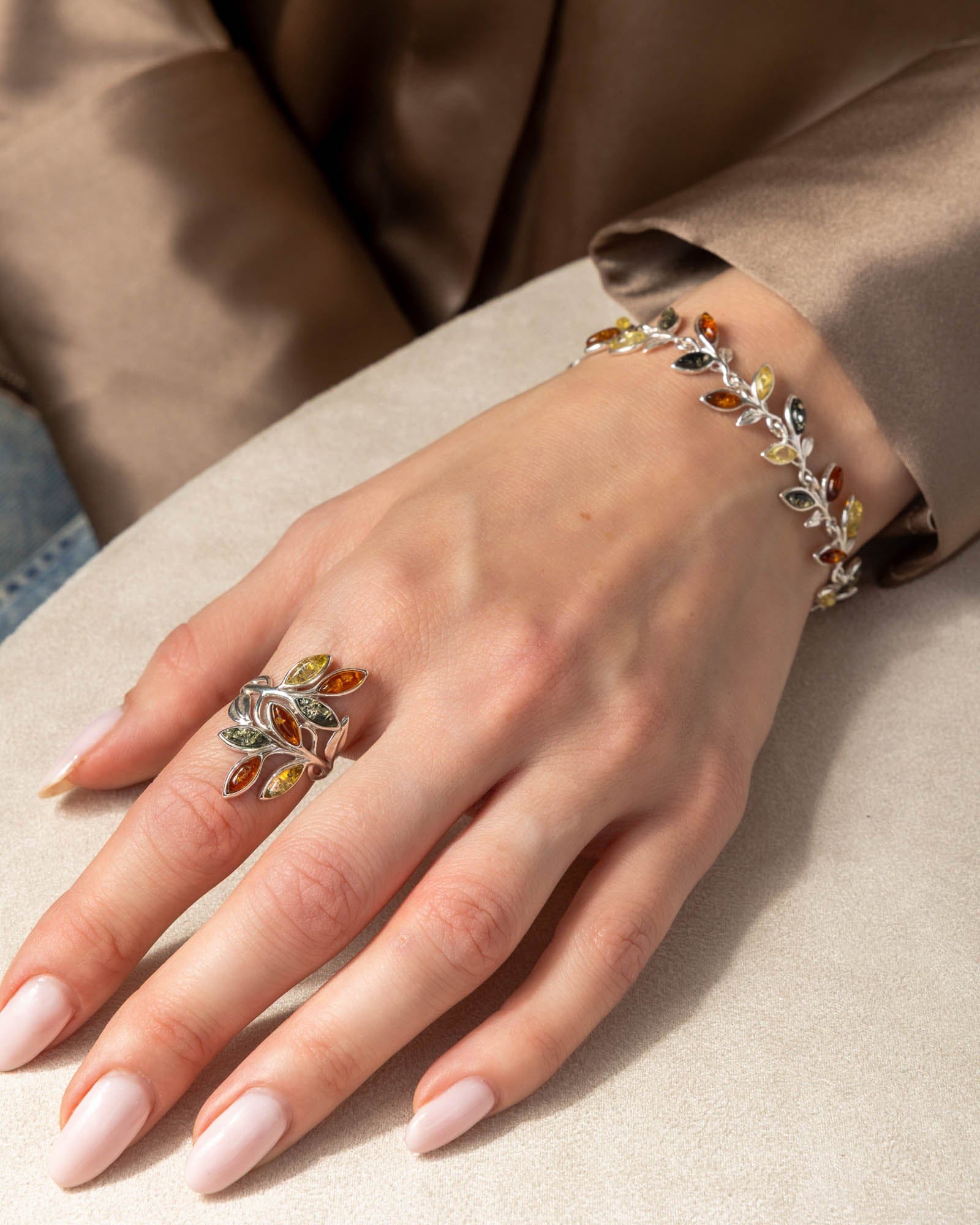 Sterling Silver and Mixed Amber Leaves Ring