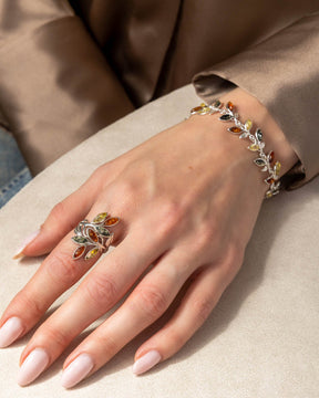 Sterling Silver and Mixed Amber Leaves Ring