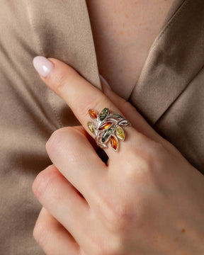 Sterling Silver and Mixed Amber Leaves Ring