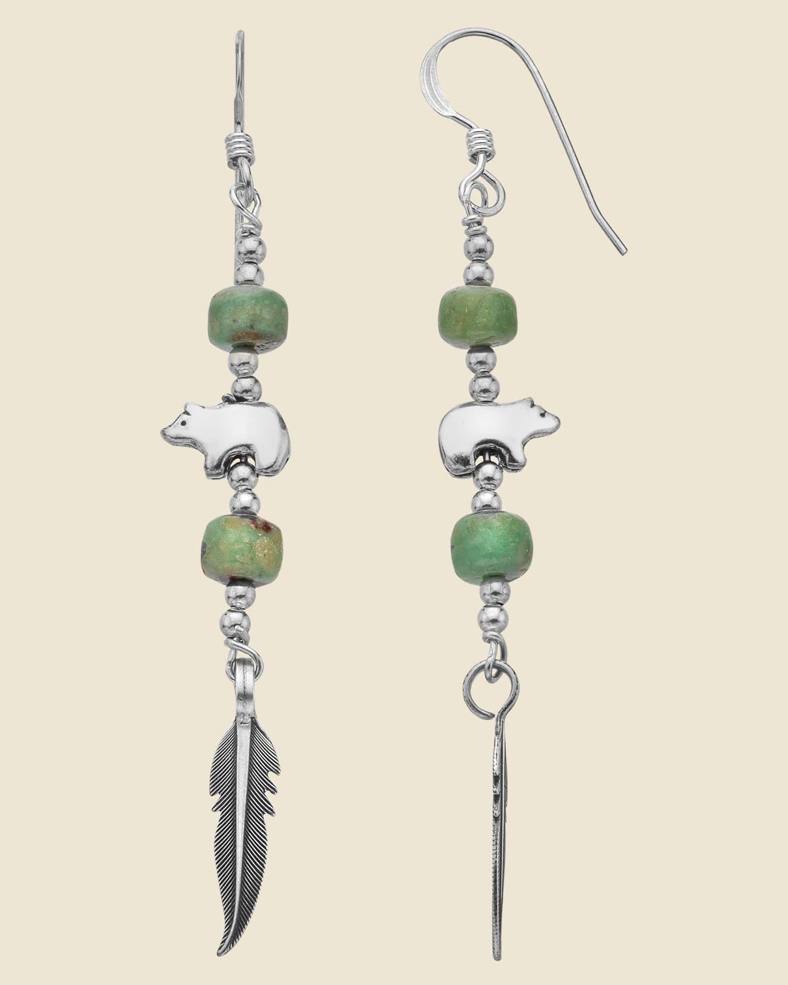 Sterling Silver and Gemstone Bear and Feather Drop Earrings