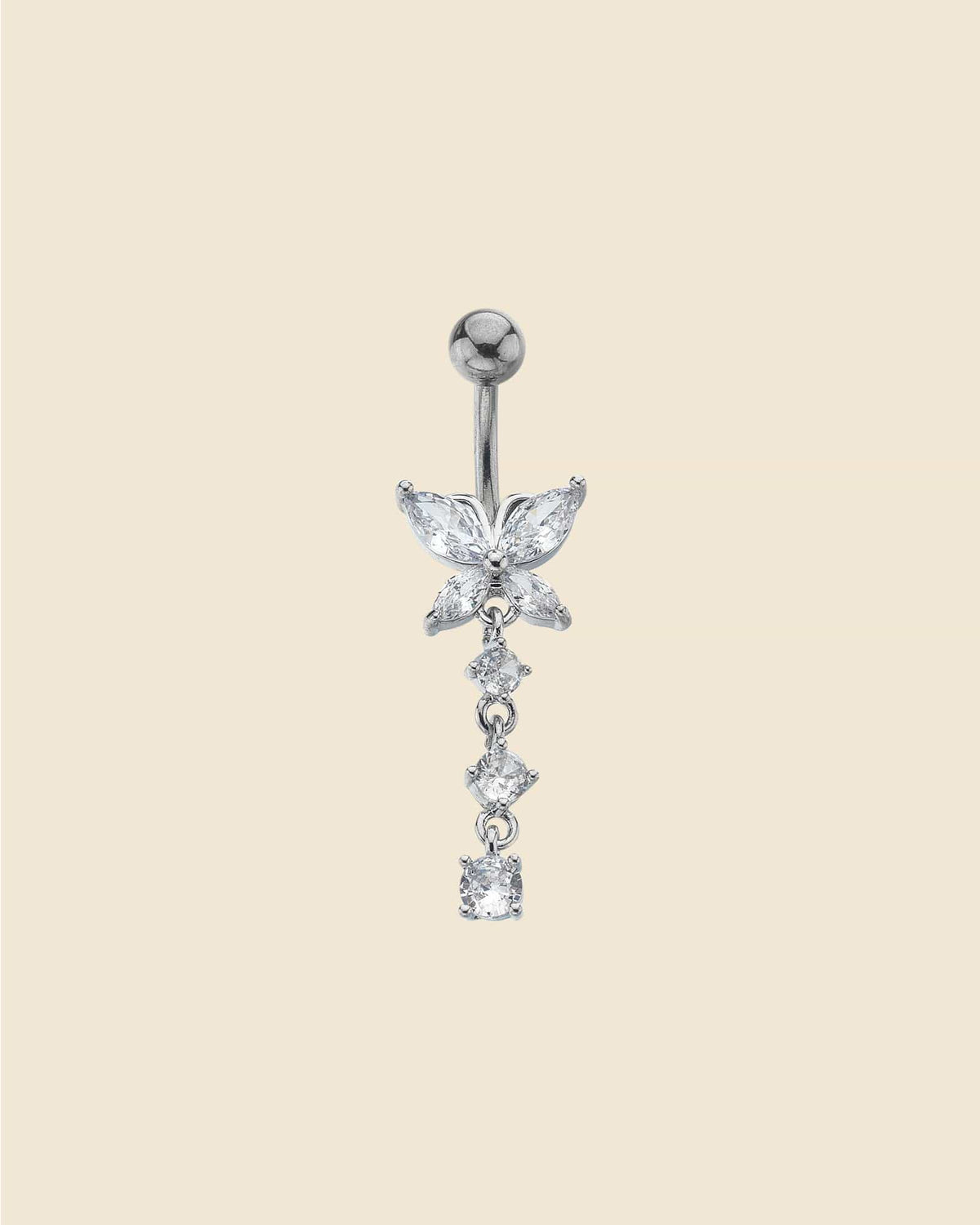 Surgical Steel Crystal Butterfly Navel Bar With Hanging Gems