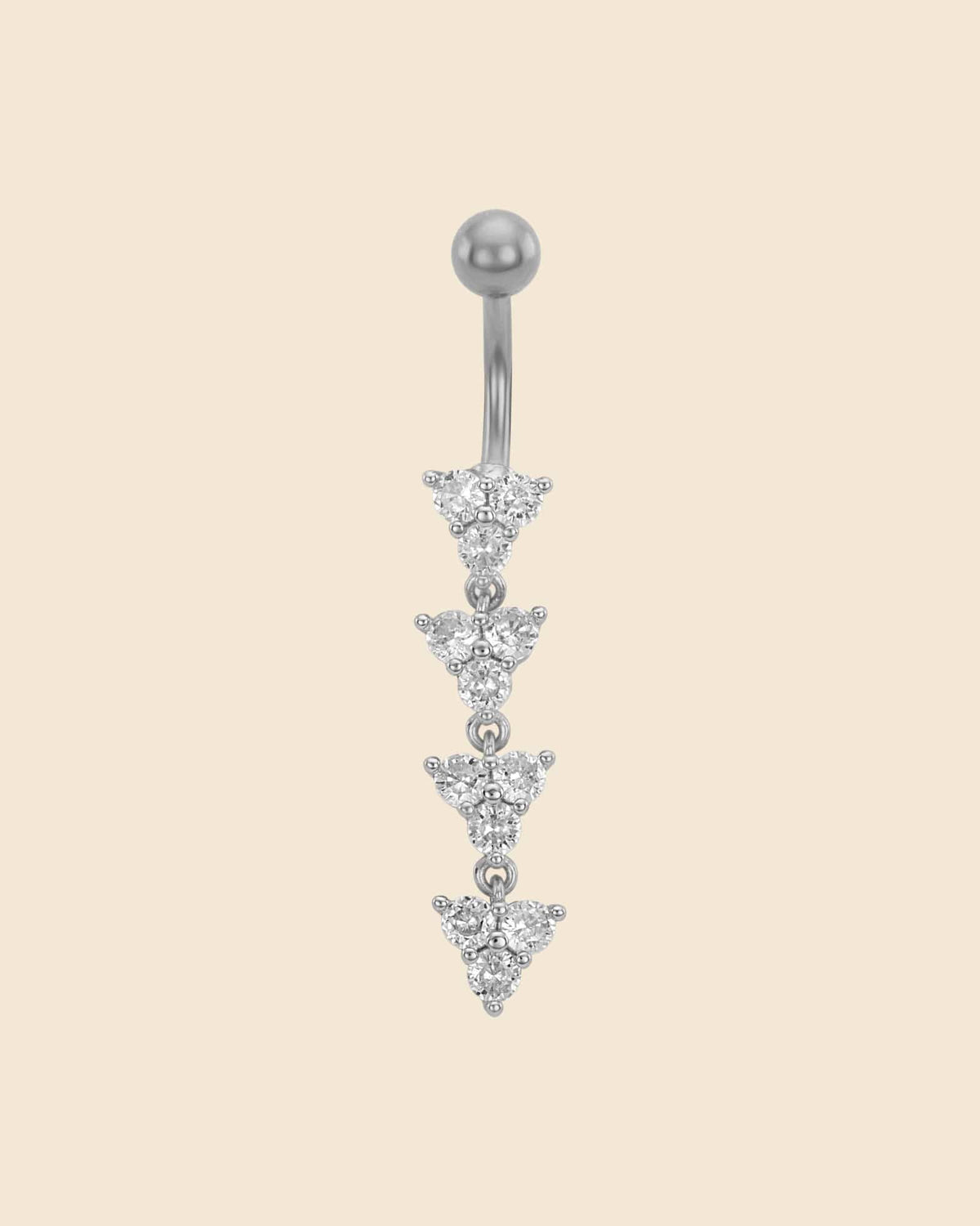 Surgical steel navel bar with four cascading triangle charms featuring sparkling claw-set crystals.