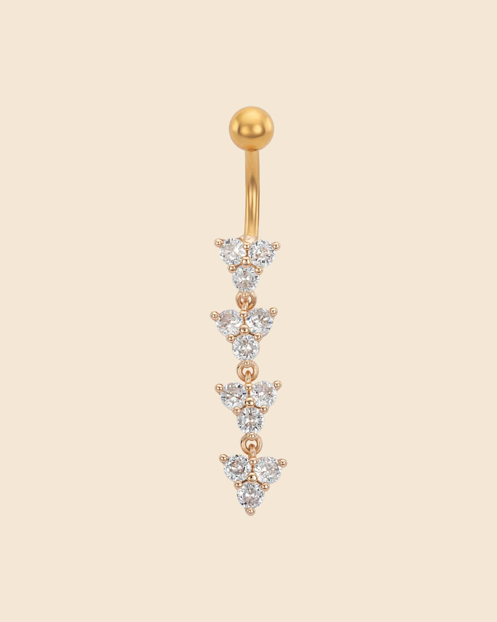 PVD gold surgical steel navel bar with four cascading triangle charms featuring claw-set clear crystals.