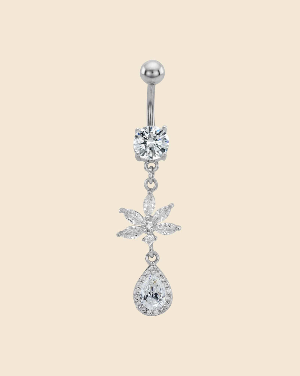 Flower and Halo Teardrop Navel Bar in Surgical Steel