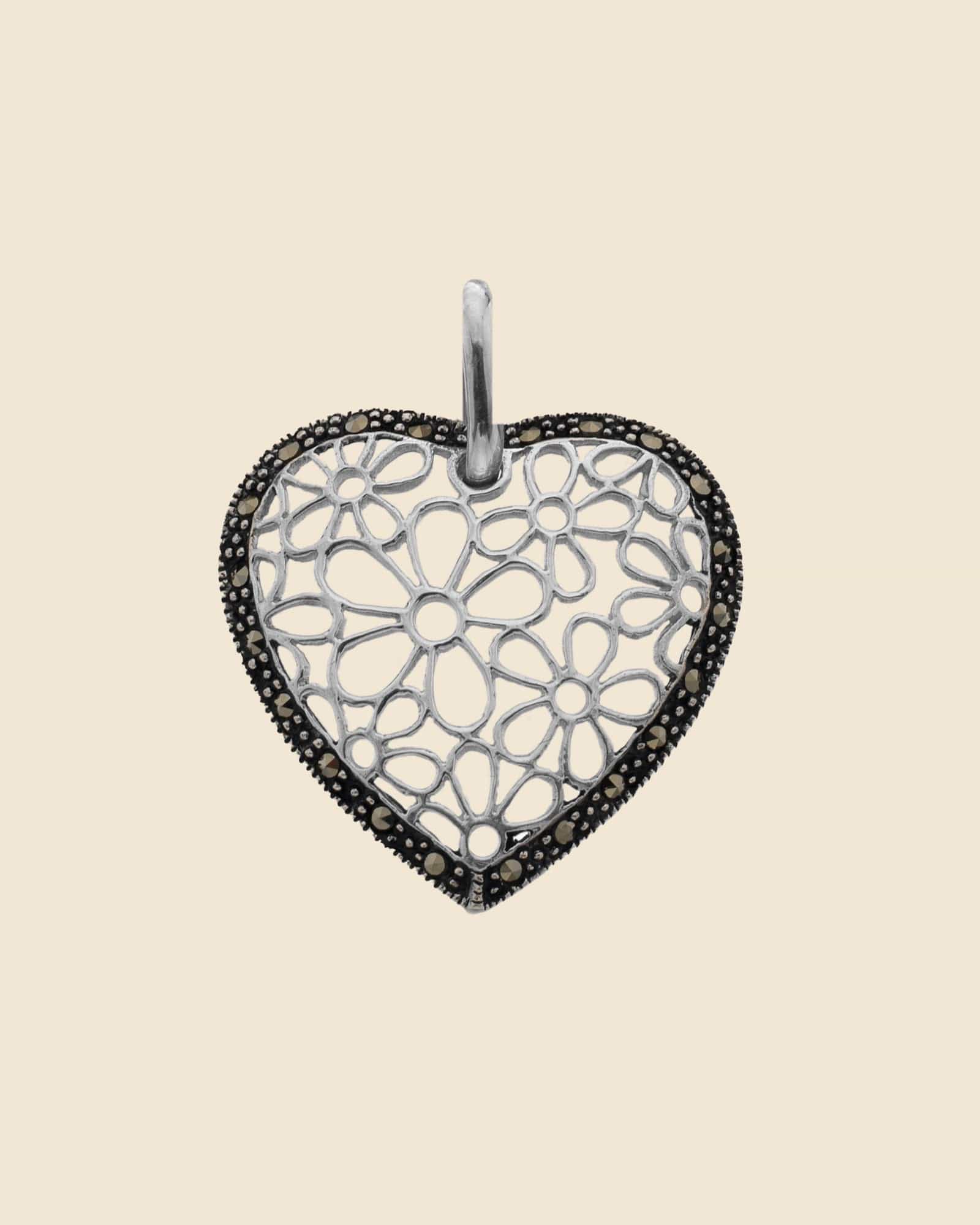 Marcasite Heart Pendant with Flower Detail
