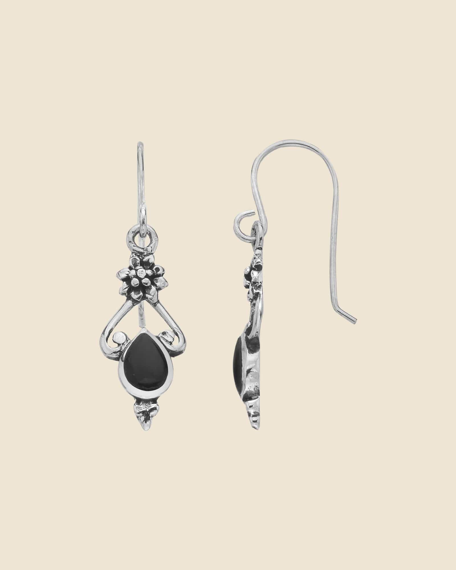 Sterling Silver and Black Onyx Ethnic Drop Earrings