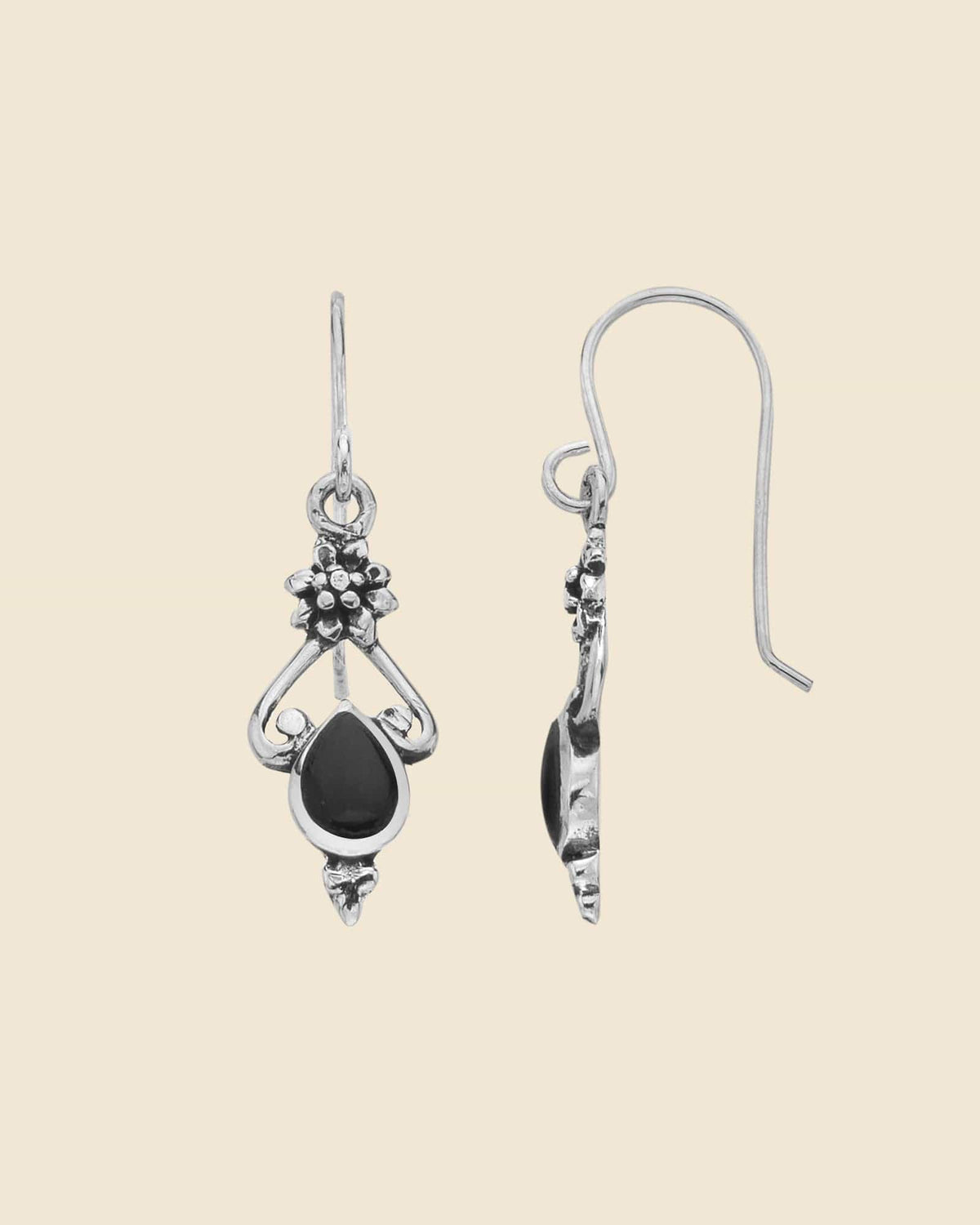 Sterling Silver and Black Onyx Ethnic Drop Earrings