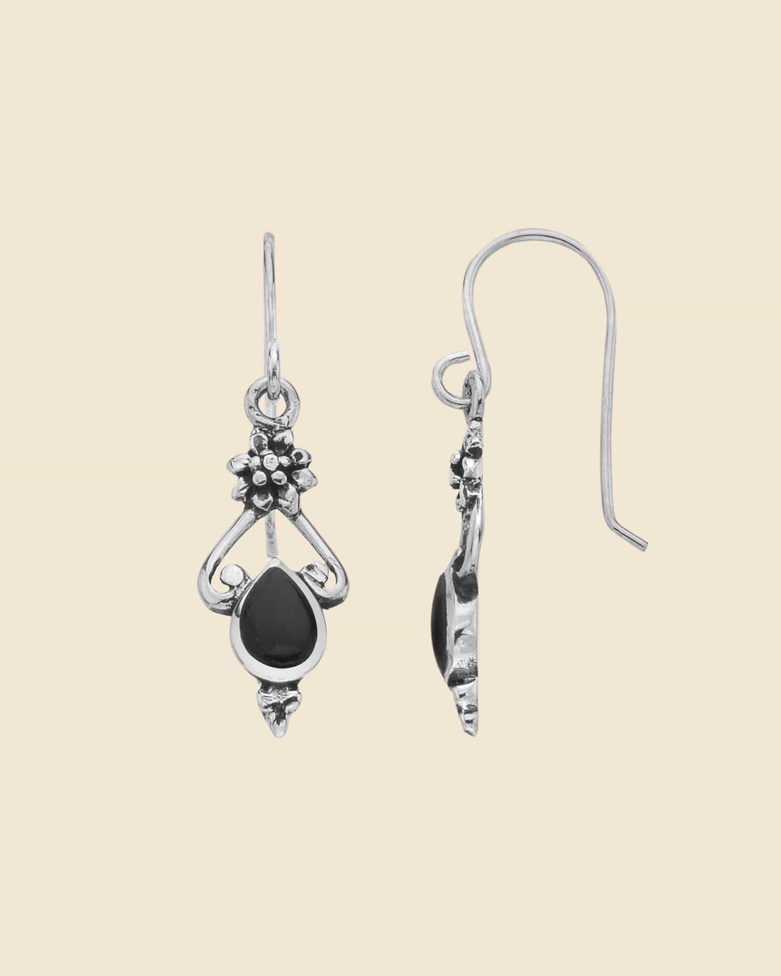 Sterling Silver and Black Onyx Ethnic Drop Earrings