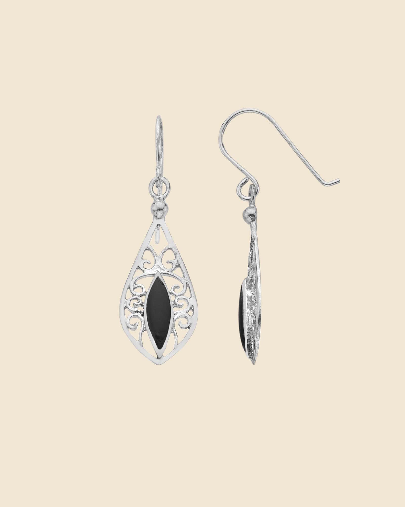 Sterling Silver and Black Onyx Lace Teardrop Earrings