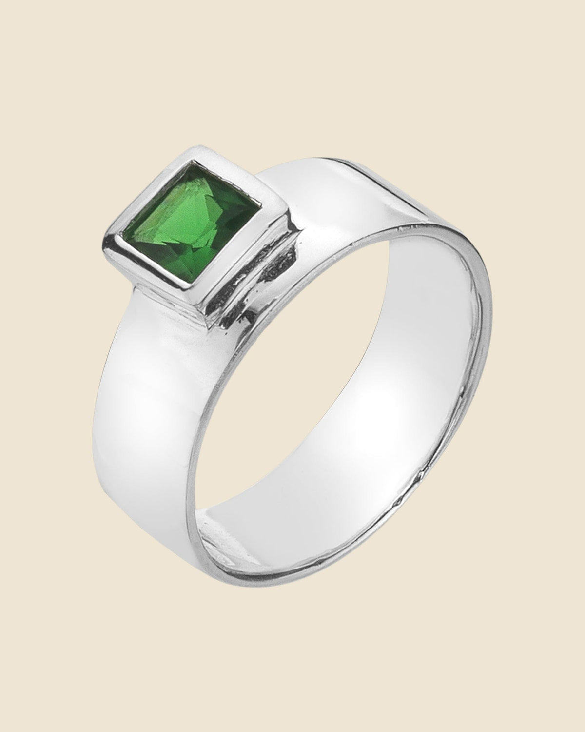 Sterling Silver Emerald Glass Square Set Ring