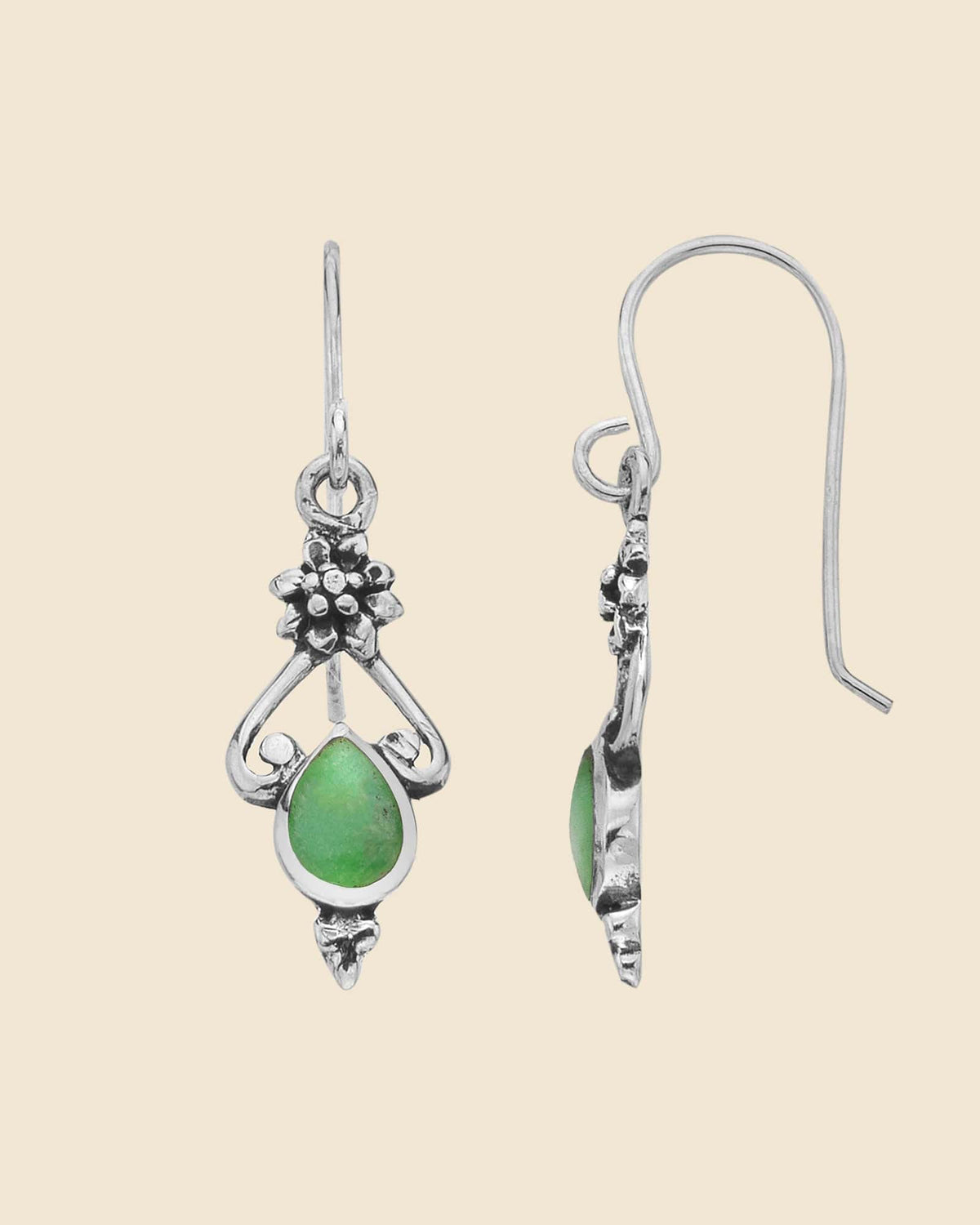 Sterling Silver and Prehnite Ethnic Drop Earrings