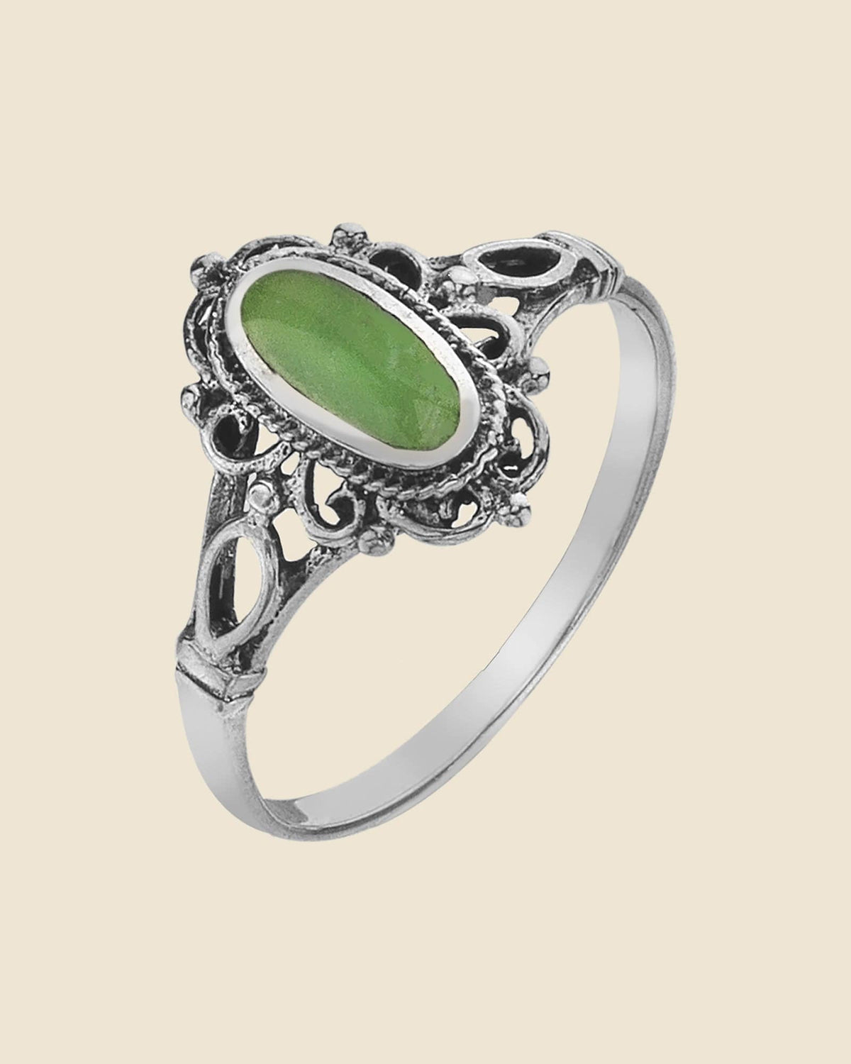 Sterling Silver and Prehnite Ornate Shell Ring