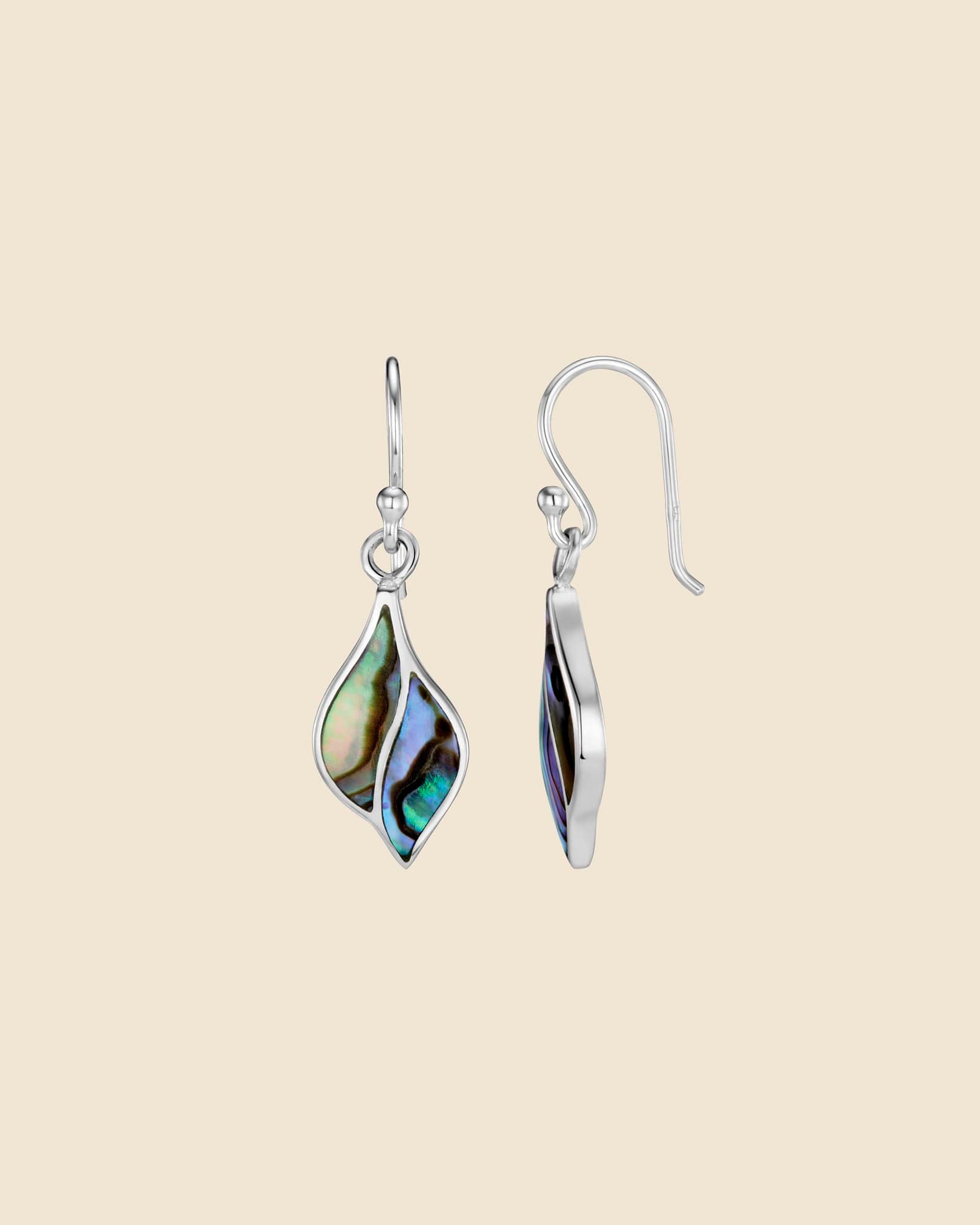 Sterling Silver and Paua Shell Leaf Shape Drop Earrings