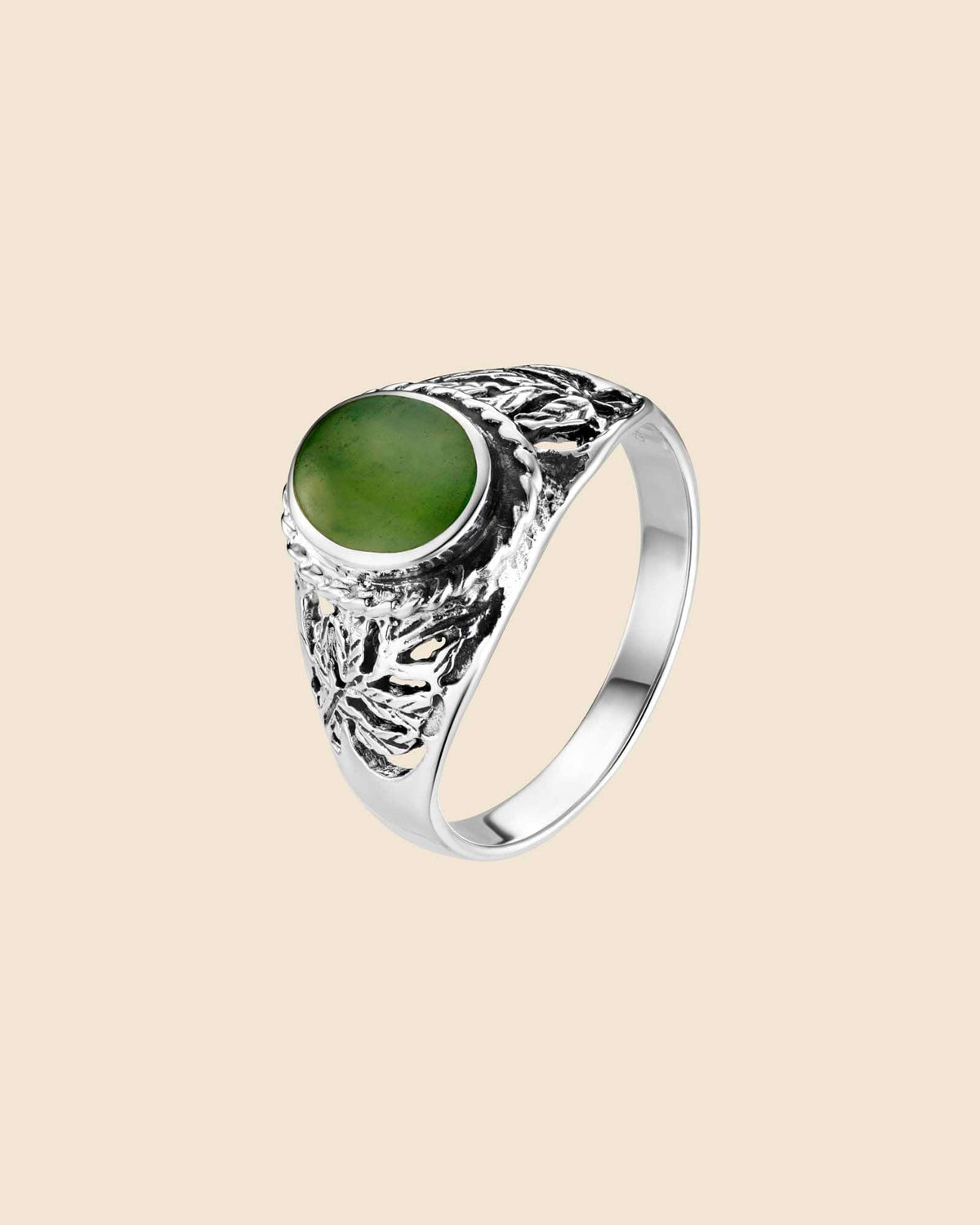 Sterling Silver and Prehnite Oval Stone Leaf Ring