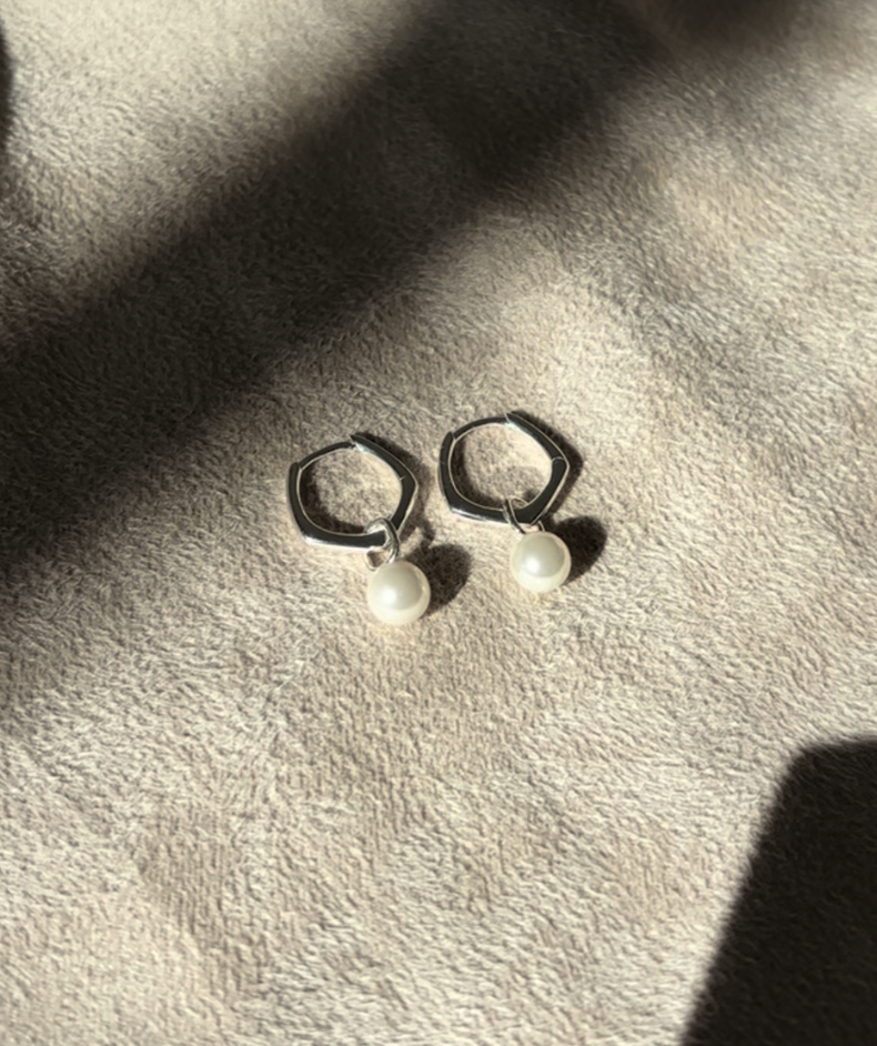 Sterling Silver Organic Hoops with Faux Pearl Charms