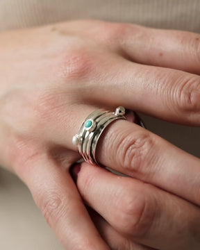 Sterling Silver, Pearl, Turquoise and Moonstone Spinner Ring