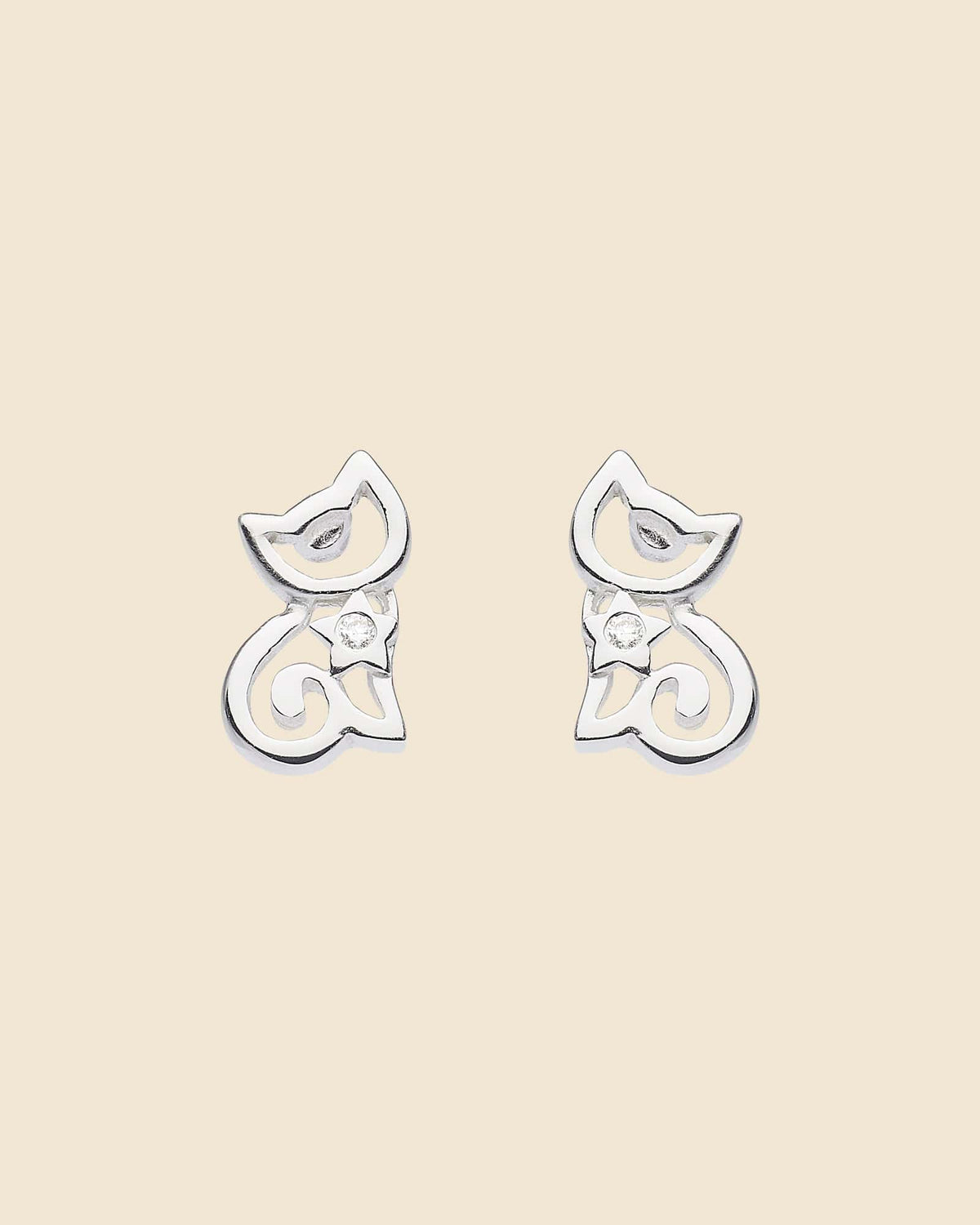 Sterling Silver and Cubic Zirconia Cute Cut-Out Kitten Studs