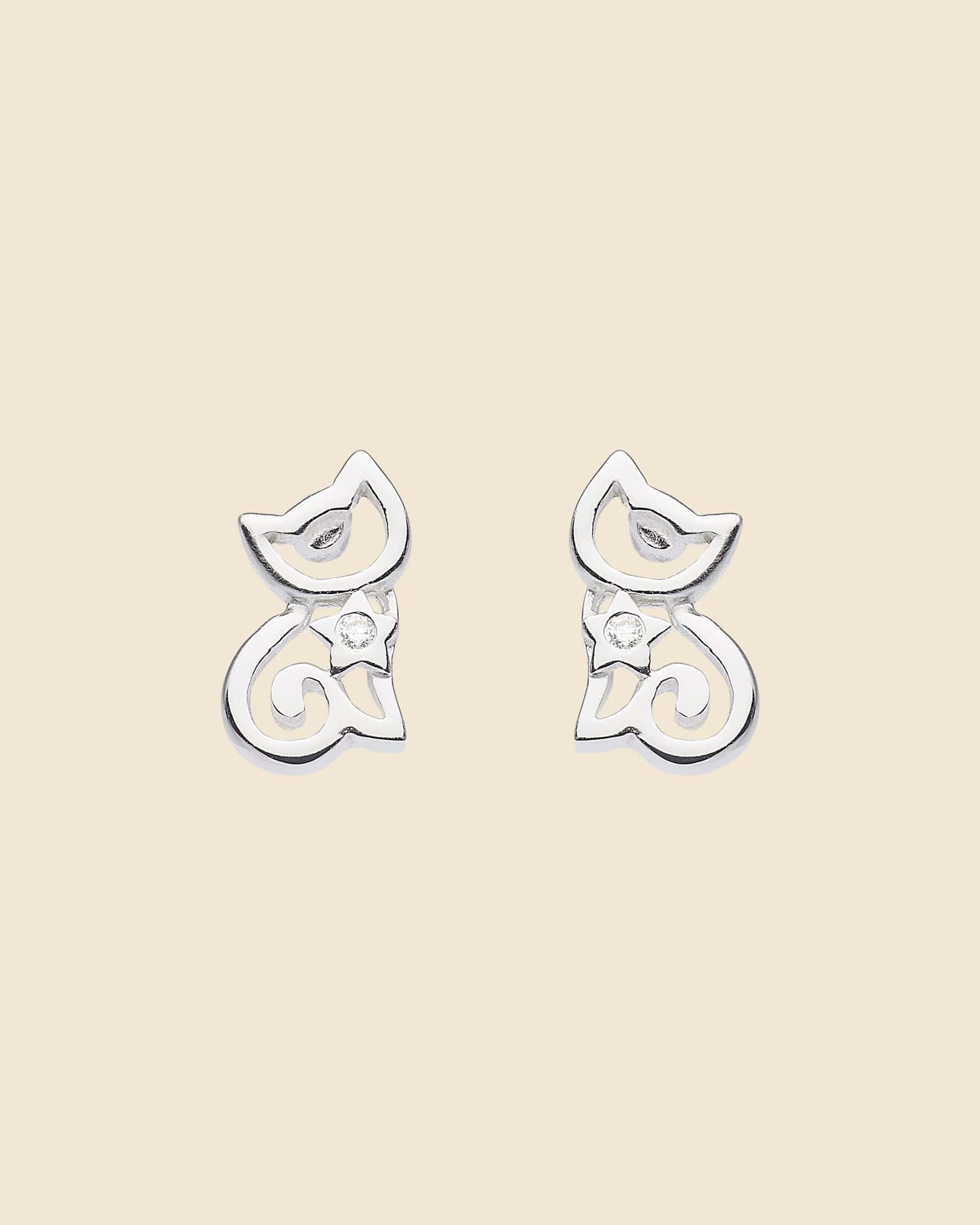 Sterling Silver and Cubic Zirconia Cute Cut-Out Kitten Studs