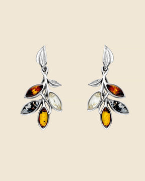 Sterling Silver and Mixed Amber Leaves Drop Earrings