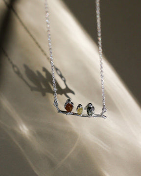 Sterling Silver and Mixed Amber 3 Birds On A Branch Necklace