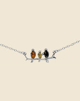 Sterling Silver and Mixed Amber 3 Birds On A Branch Necklace
