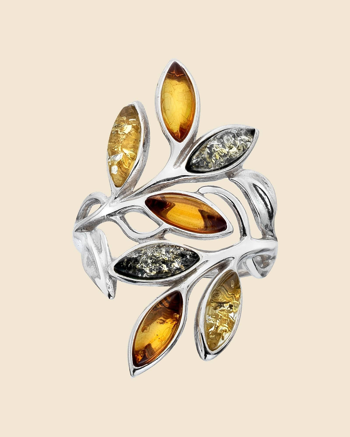 Sterling Silver and Mixed Amber Leaves Ring