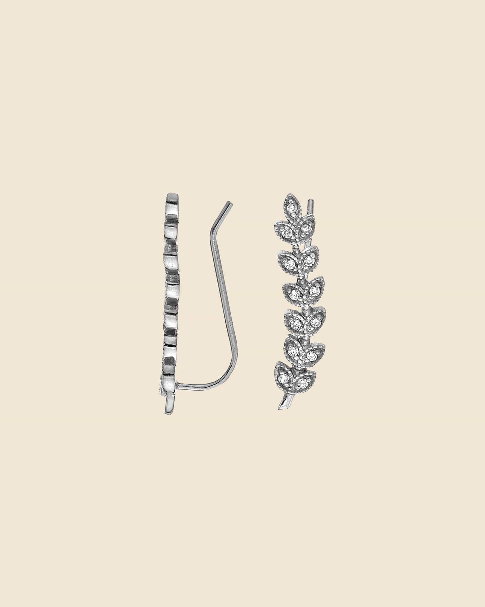 Sterling Silver and Cubic Zirconia Long Leaf Climber Earrings