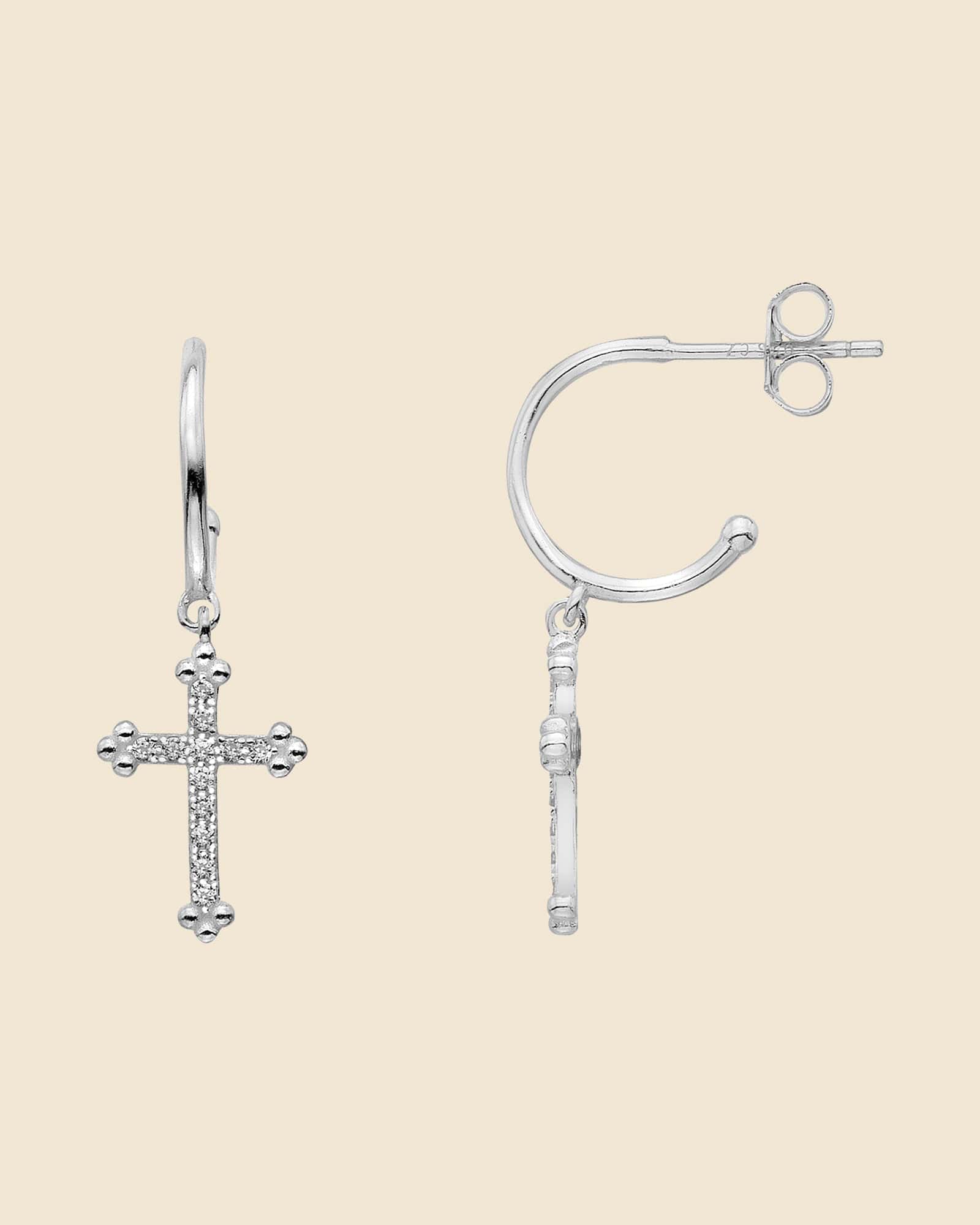 Sterling Silver and Cubic Zirconia Cross Charm Hoops