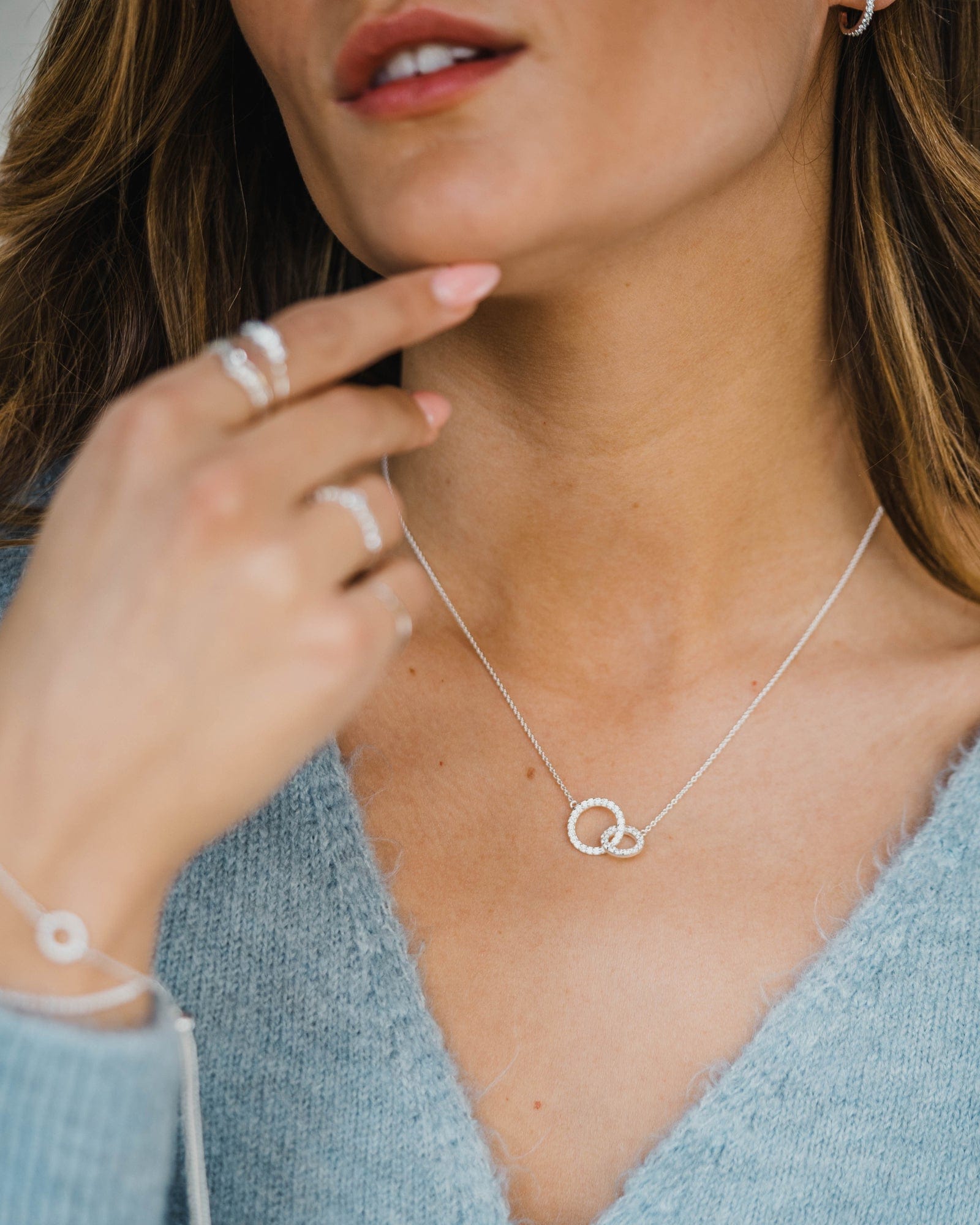 Sterling Silver and Cubic Zirconia Interlinked Circles Necklace