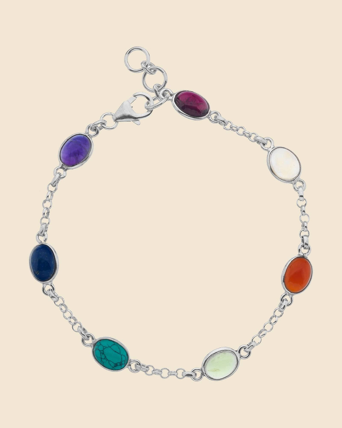 Sterling Silver and Mixed Stone Oval Chain Link Bracelet