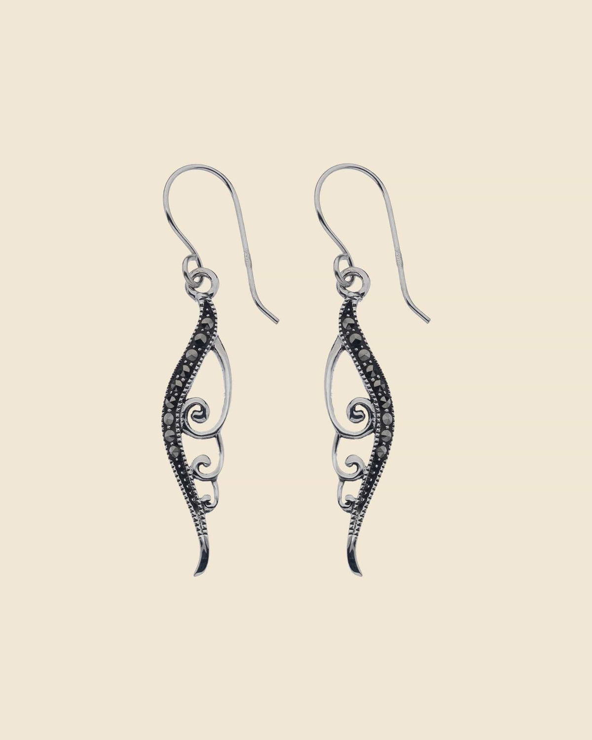 Sterling Silver and Marcasite Long Twirl Earrings