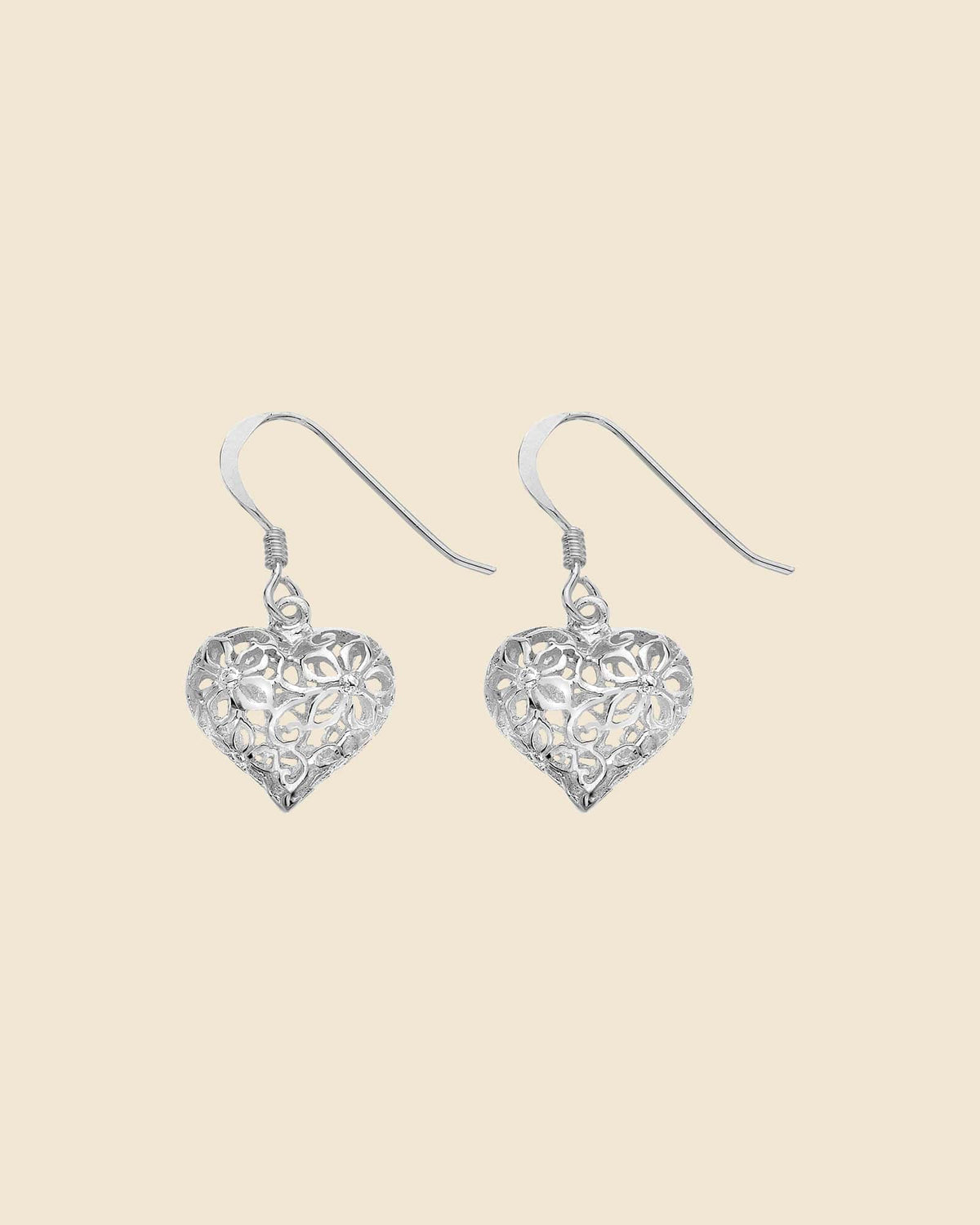 Sterling Silver Floral Puffed Heart Drop Earrings