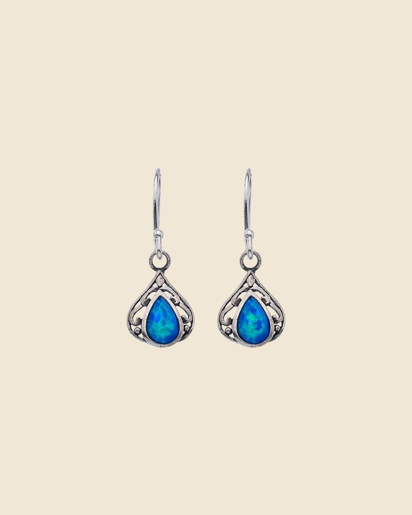 Sterling Silver and Blue Opal Ornate Teardrop Earrings