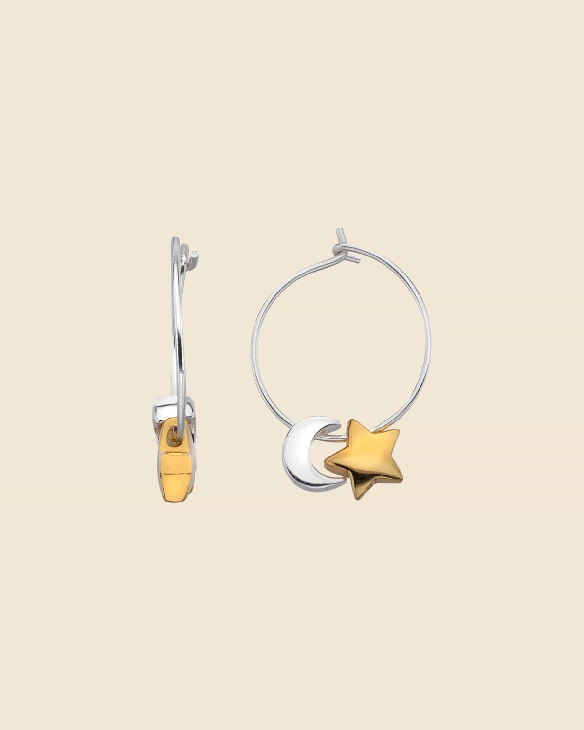 Sterling Silver Star and Gold Plated Moon Charm Mini Hoops